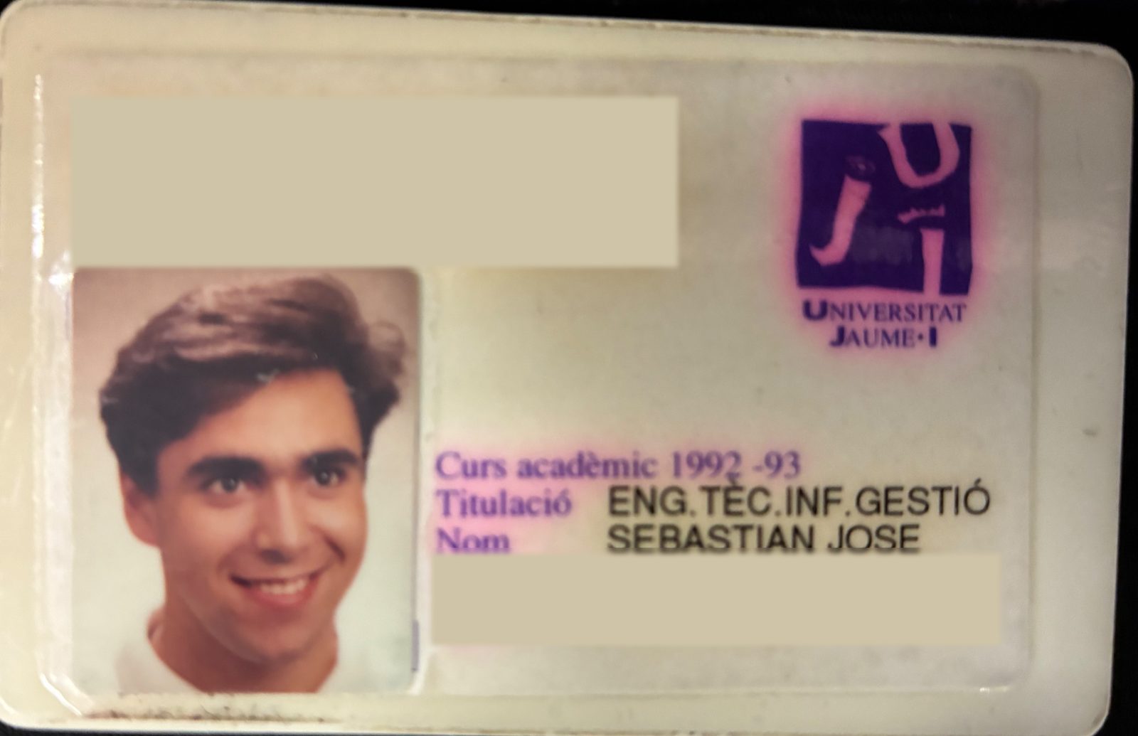 Sebastián Brau's student card at Universitat Jaume I, academic year 1992-93