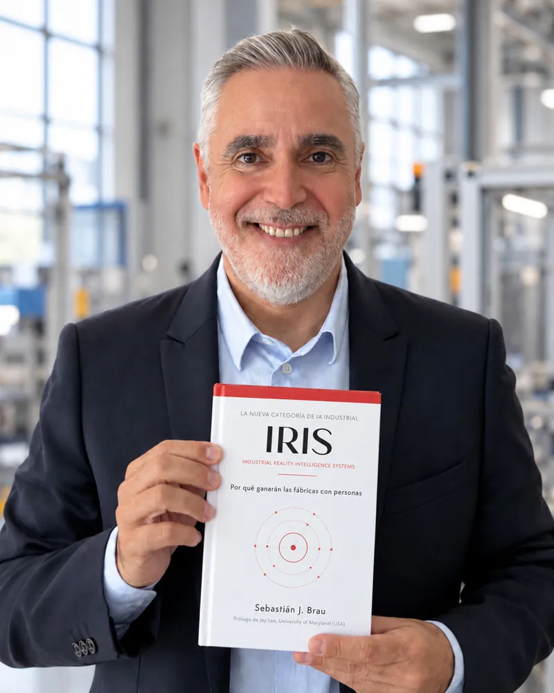 Sebastián J. Brau sonríe en una planta industrial con un ejemplar de IRIS en tapa dura en las manos